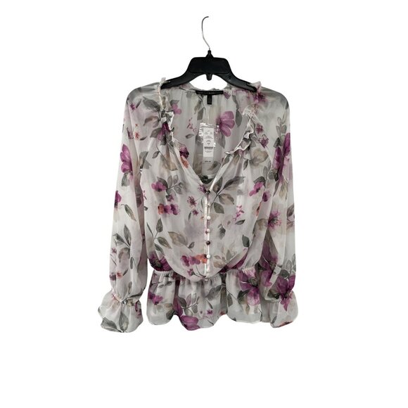 White House Black Market Tops - White House Black Market Womens 6 Floral Blouse Ecru Violet Ruffle + Tank NWT